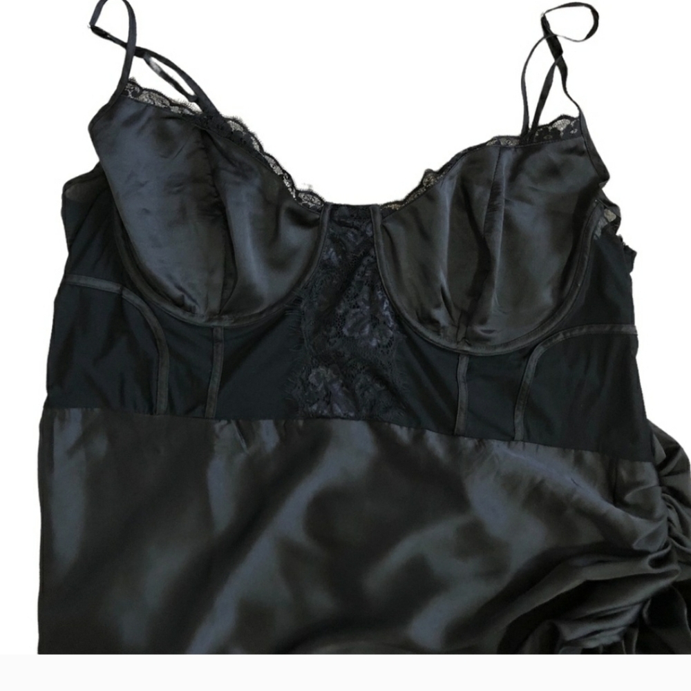 PrettyLittleThing NWT 26 Plus Size Black Satin Lace Bustier Sexy Slit Midi Dress - Picture 8 of 13
